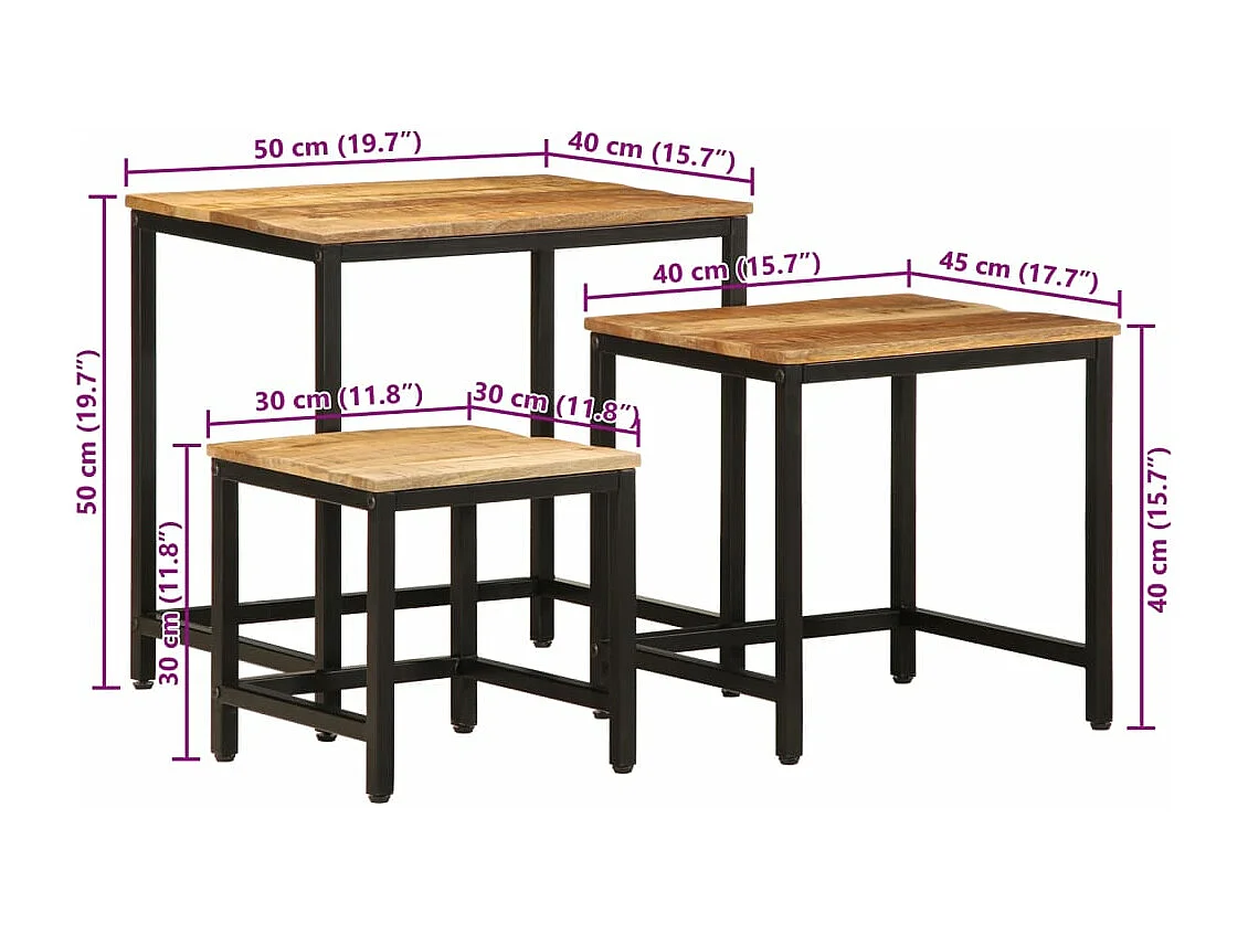 Beistelltische Satztische 3 Stk. Raues Massivholz Mango