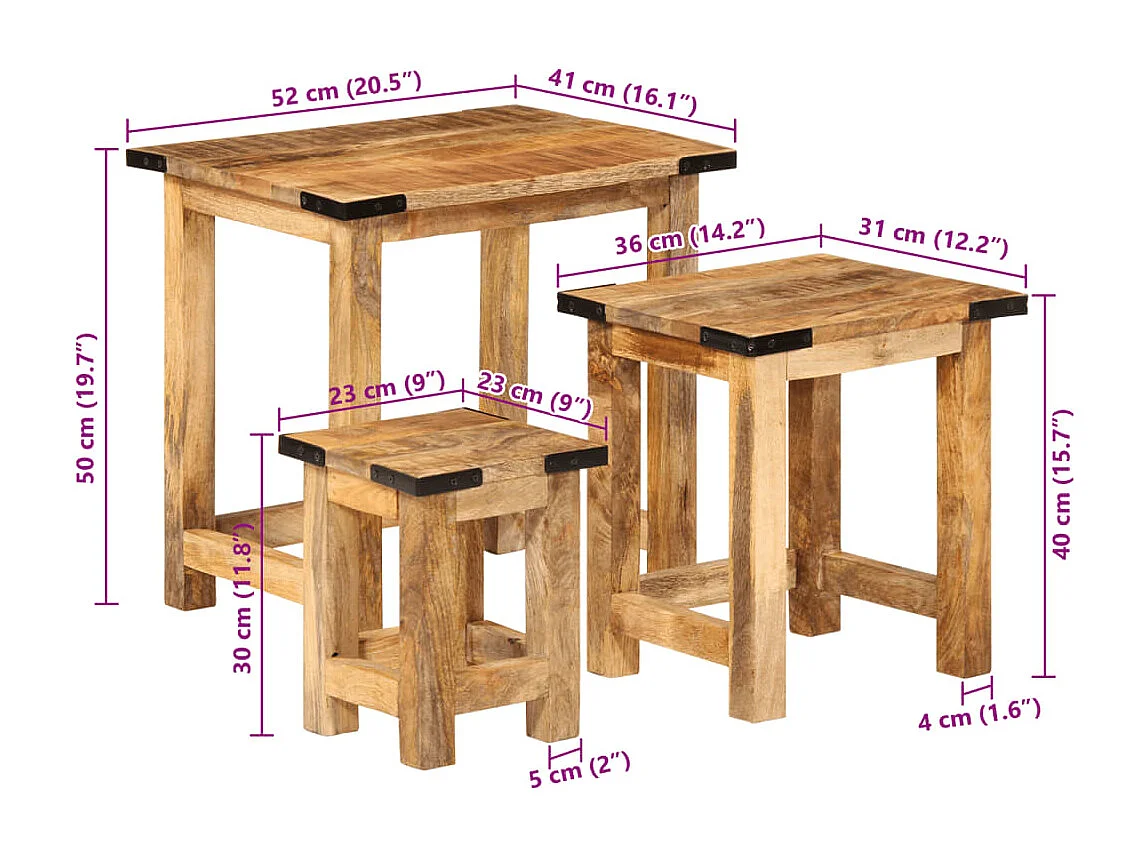 Tables d'appoint gigognes 3 pcs bois de manguier massif brut