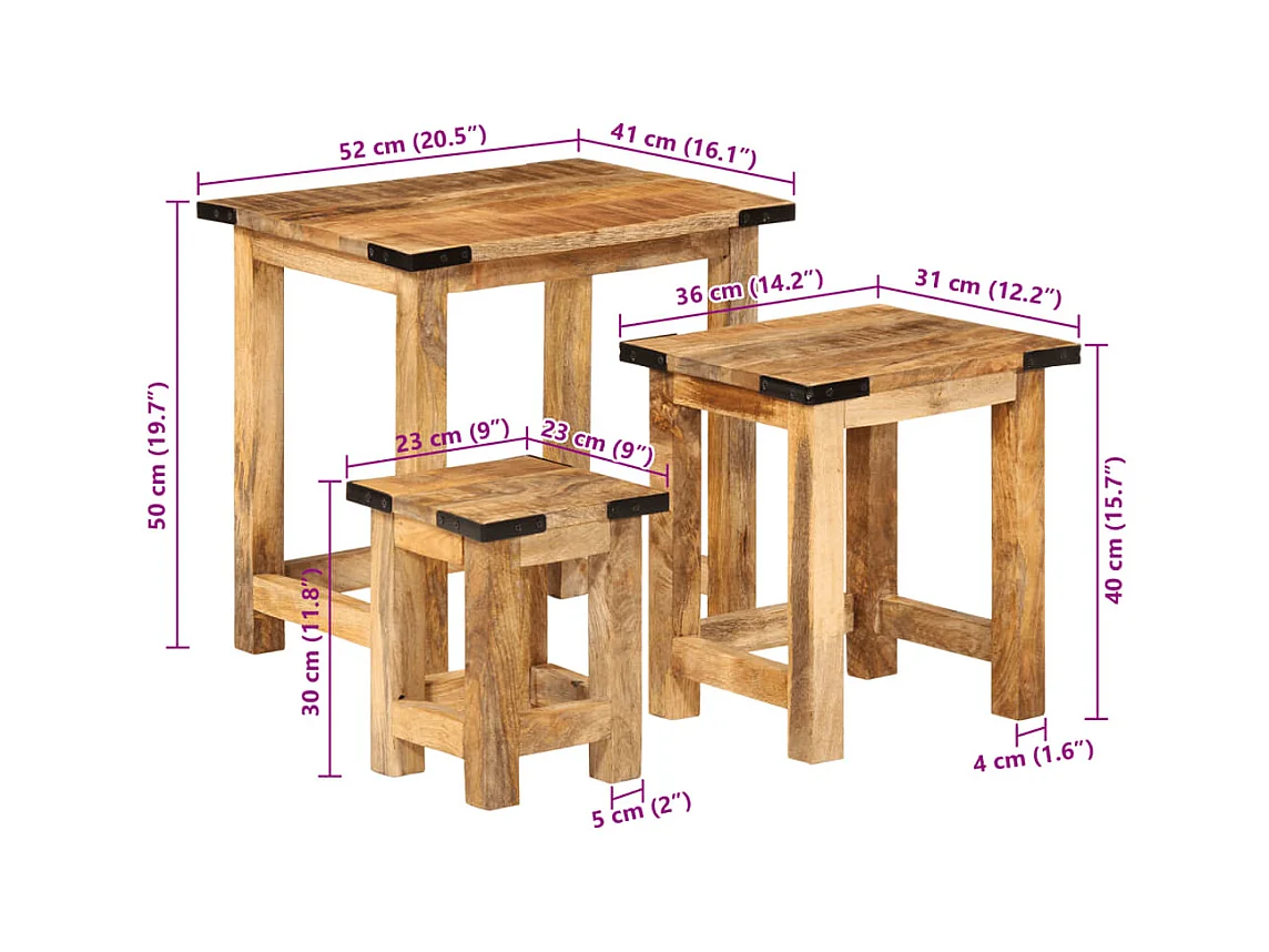Beistelltische Satztische 3 Stk. Raues Massivholz Mango
