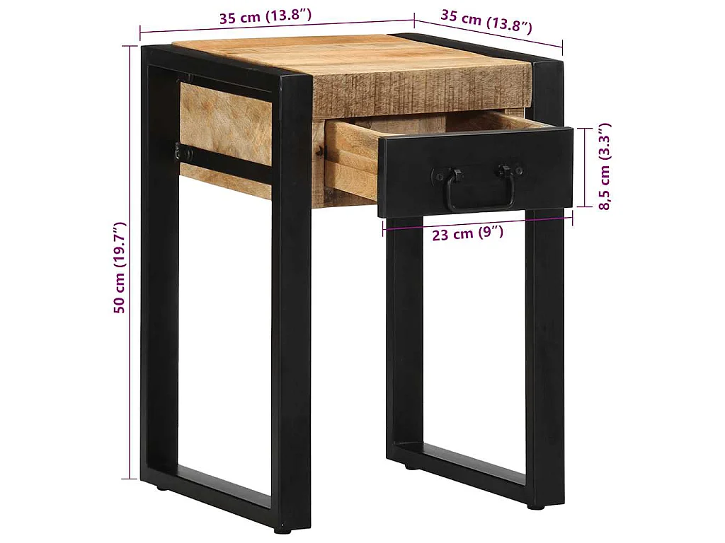 Tavolino 35x35x50 cm in Legno Grezzo Massello di Mango