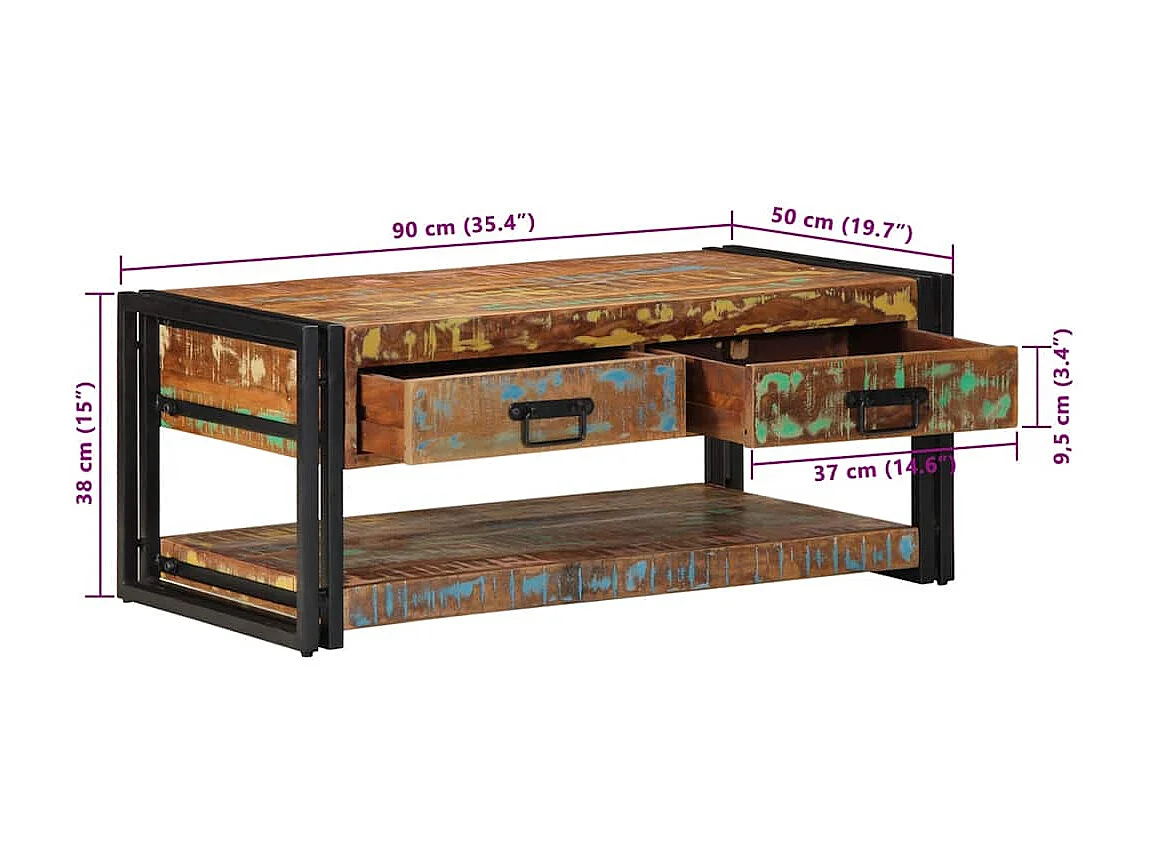 Tavolino Salotto Multicolore 90x50x38cm Legno Massello Recupero