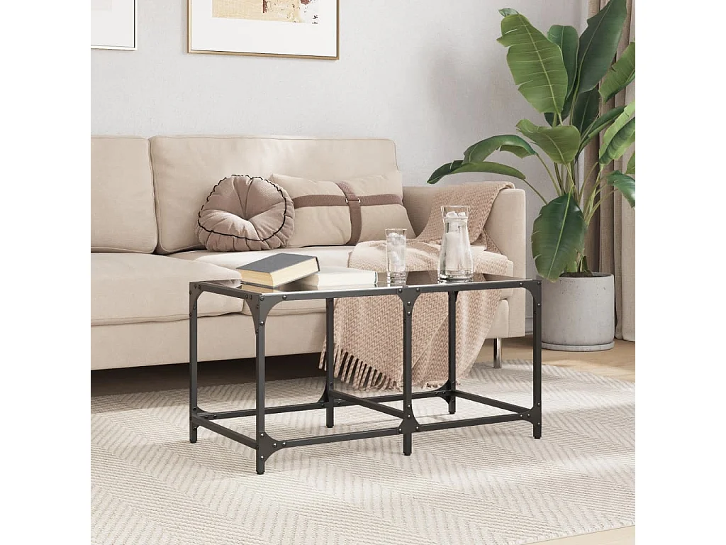 Couchtisch mit Glasplatte Schwarz 78,5x40x40 cm Stahl