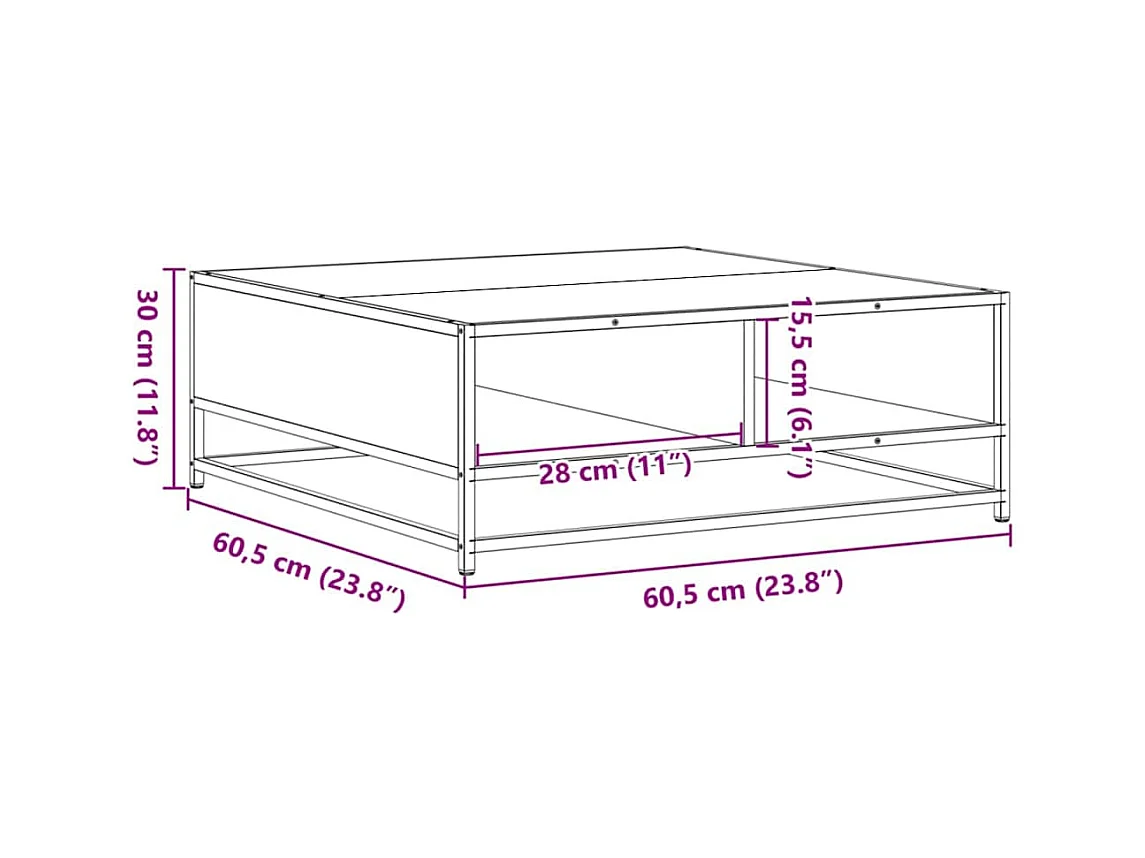 Table basse chêne fumé 60,5x60,5x30 cm bois d'ingénierie/métal