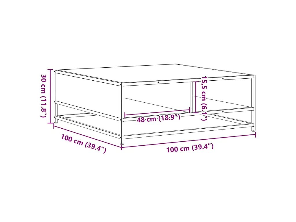 Table basse chêne fumé 100x100x30 cm bois d'ingénierie et métal