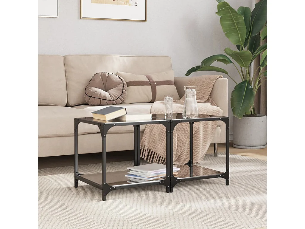 Couchtische mit Glasplatte 2 Stk. Schwarz 40x40x40 cm Stahl