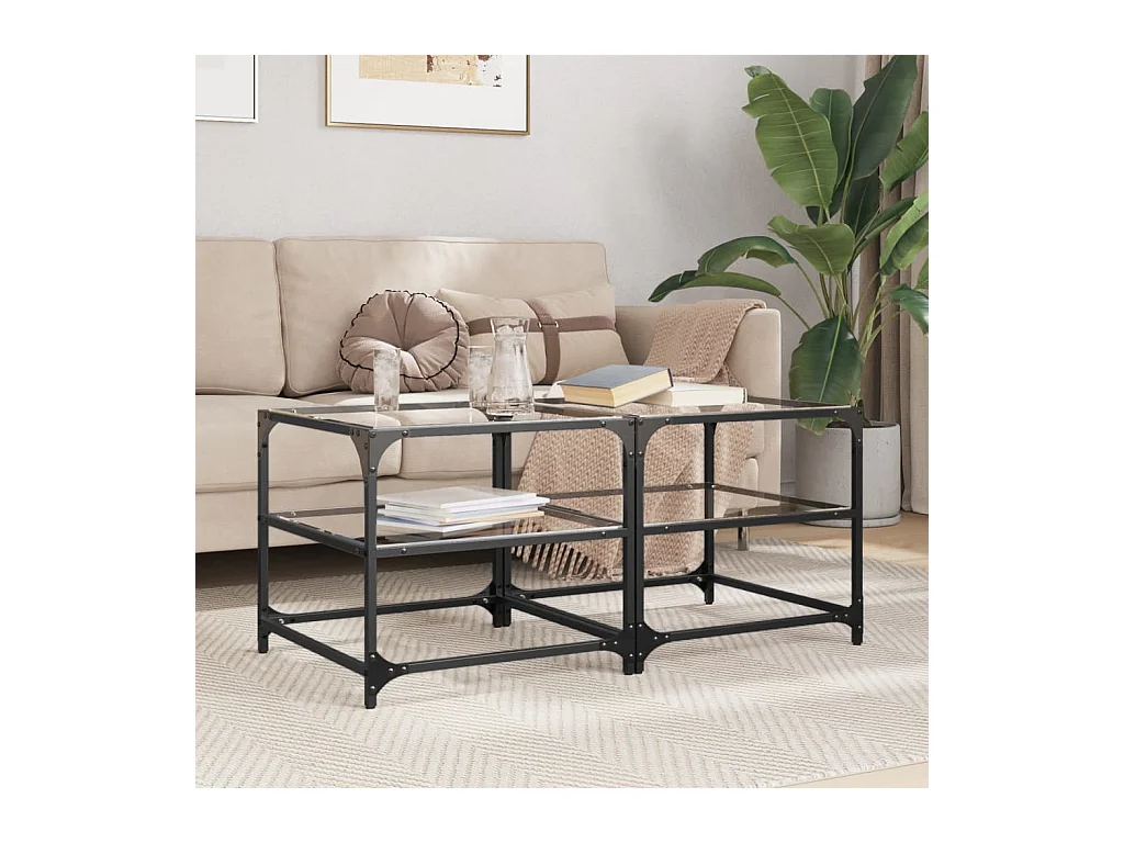 Tables basses avec dessus en verre transparent 2 pcs acier