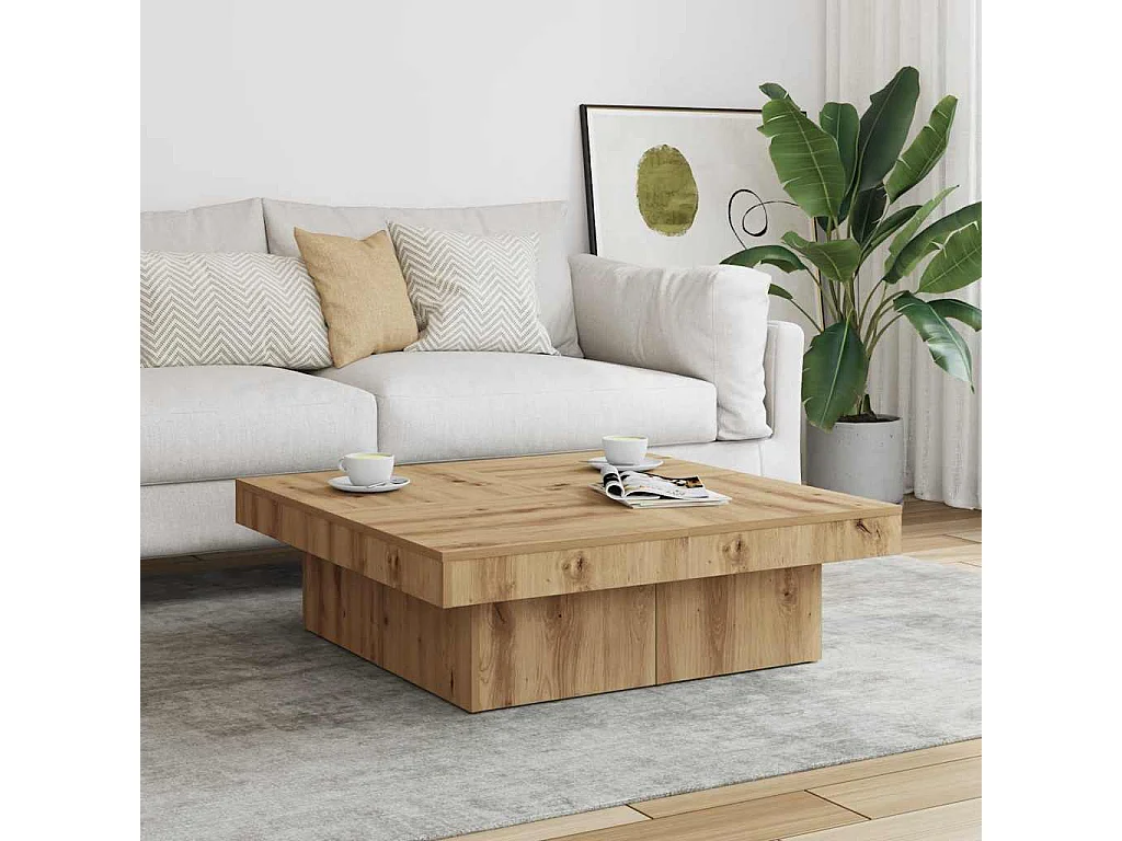 Table basse chêne artisanal 90x90x28 cm bois d'ingénierie