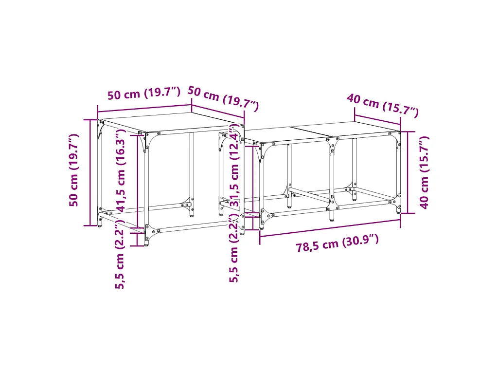 2-delige Tafeltjesset met transparant glazen blad staal
