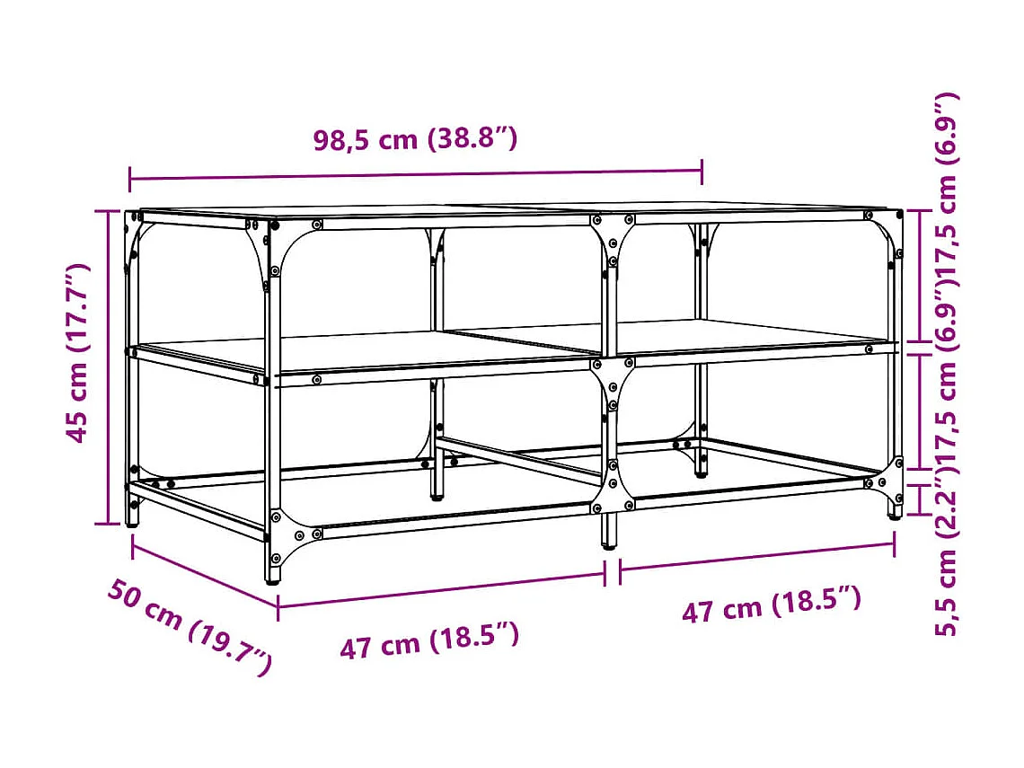 Table basse avec dessus en verre noir 98,5x50x45 cm acier