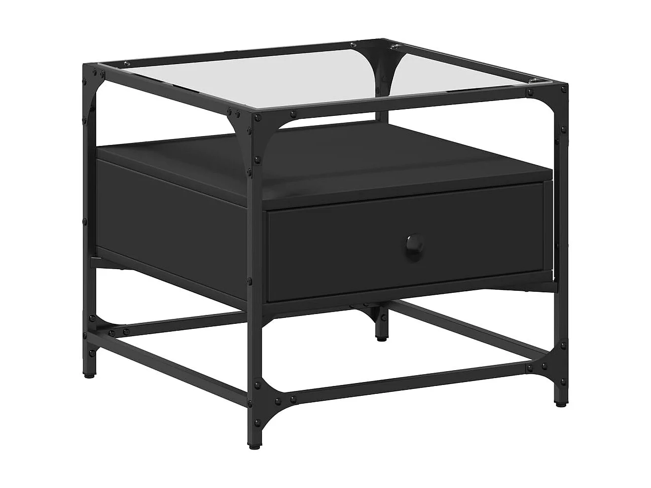 Tavolino con Piano in Vetro Nero 50x50x45 cm Acciaio