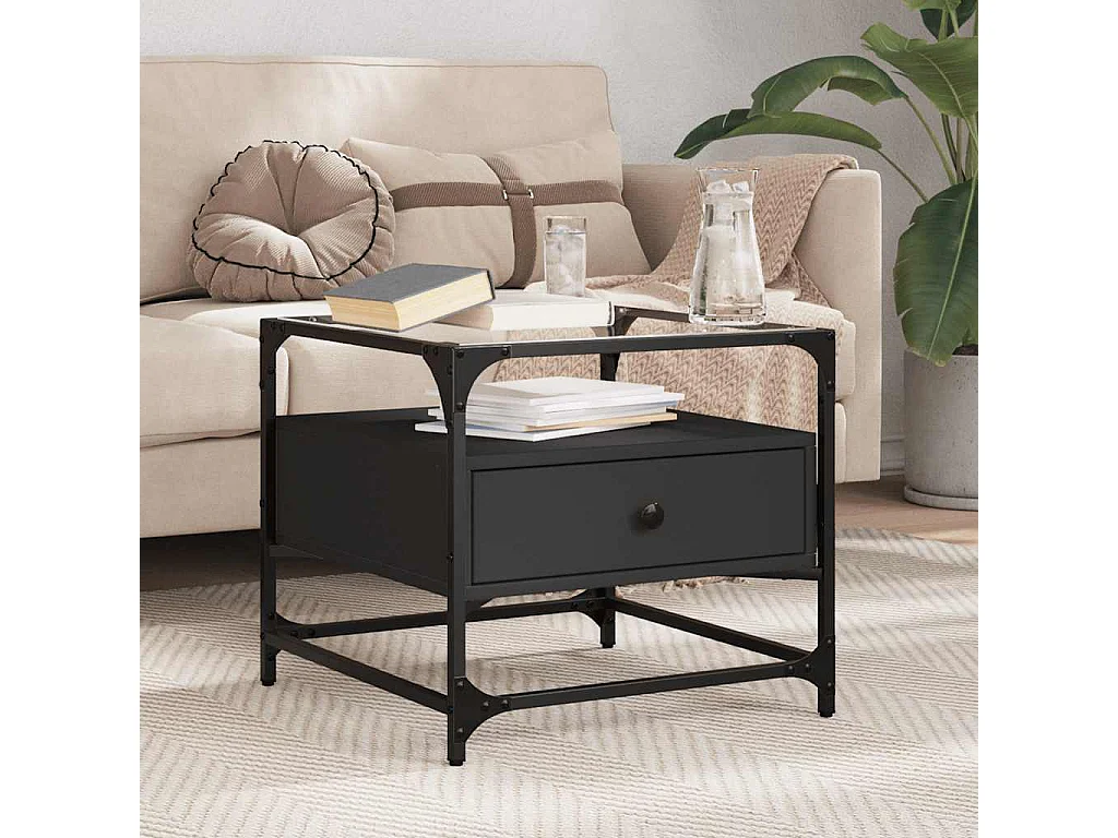 Table basse avec dessus en verre noir 50x50x45 cm acier