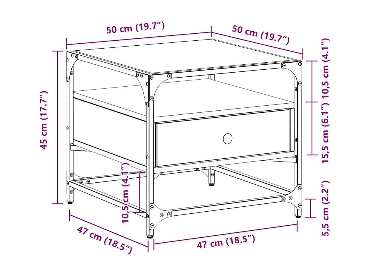 Table basse avec dessus en verre noir 50x50x45 cm acier