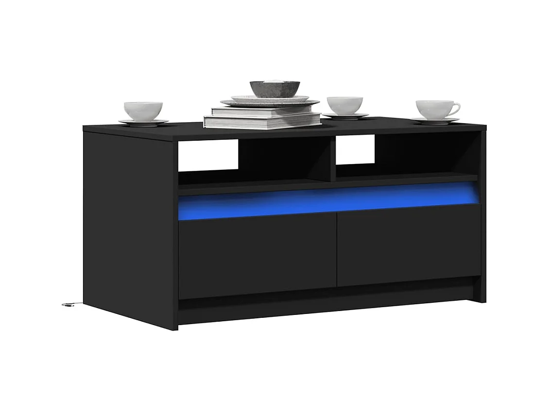 Table basse avec lumières LED noir bois d'ingénierie