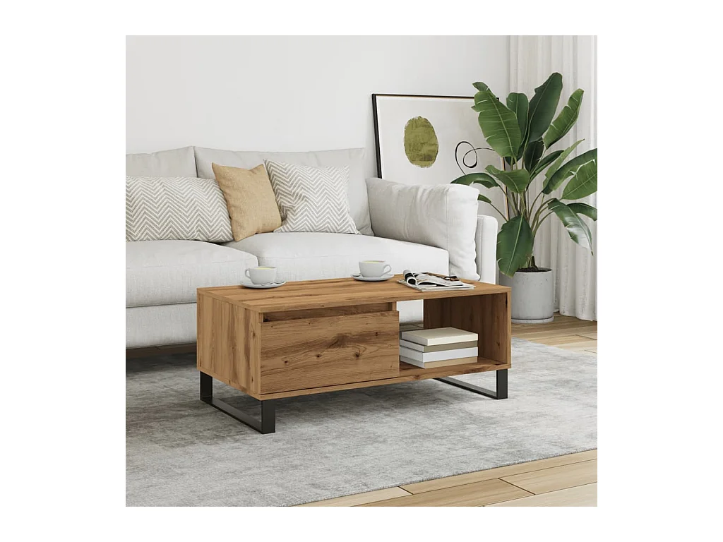 Table basse chêne artisanal 90x50x36,5 cm bois d'ingénierie