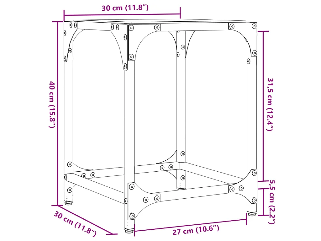 Salontafel met transparant glazen blad 30x30x40 cm staal