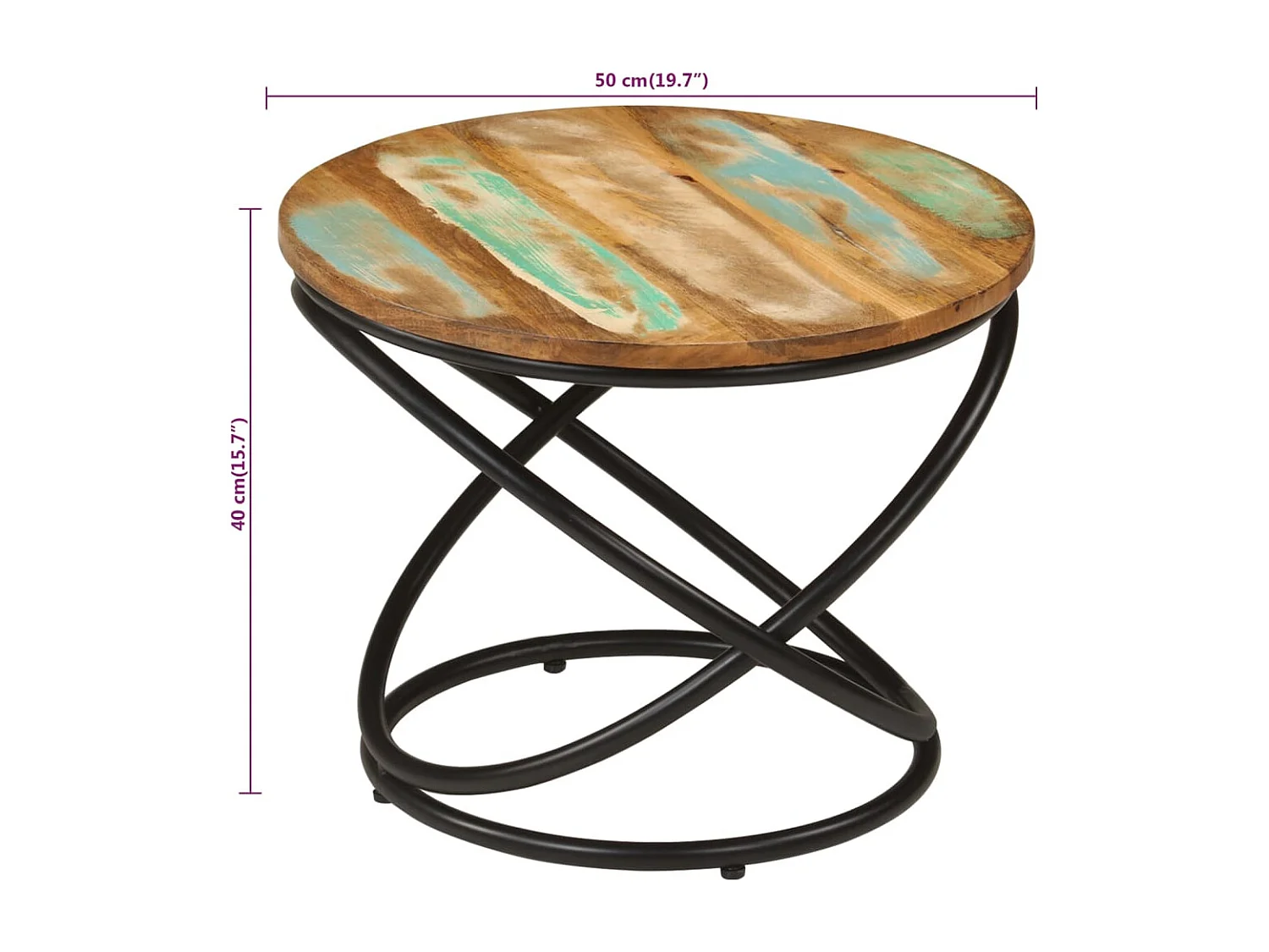 Table basse Ø50x40 cm bois de récupération massif et acier