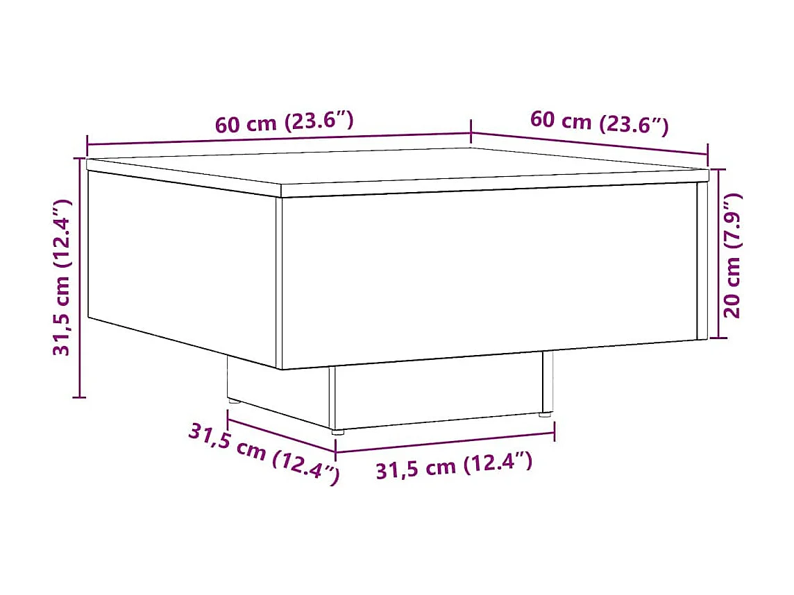 Table basse chêne artisanal 60x60x31,5 cm bois d'ingénierie