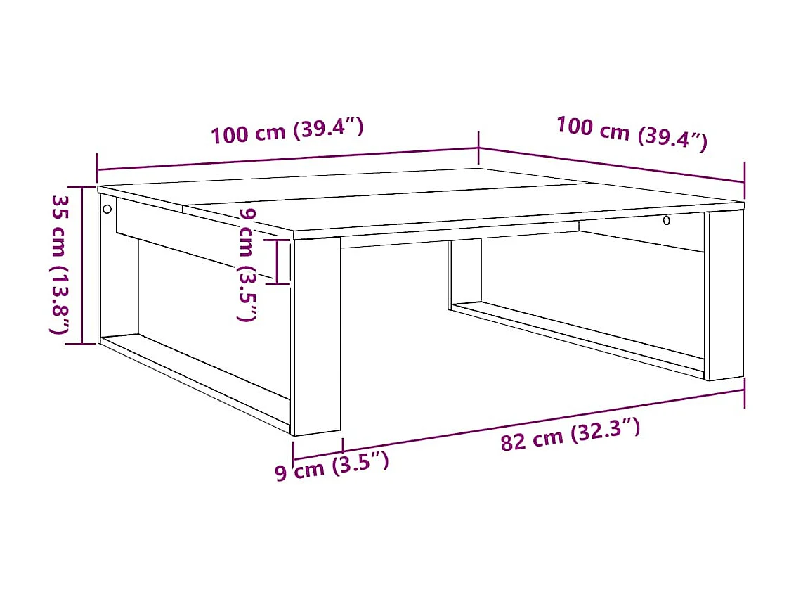 Table basse chêne artisanal 100x100x35 cm bois d'ingénierie