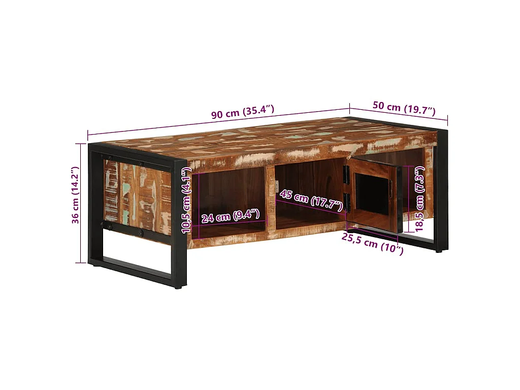 Table basse multicolore 90x50x36 cm bois de récupération massif
