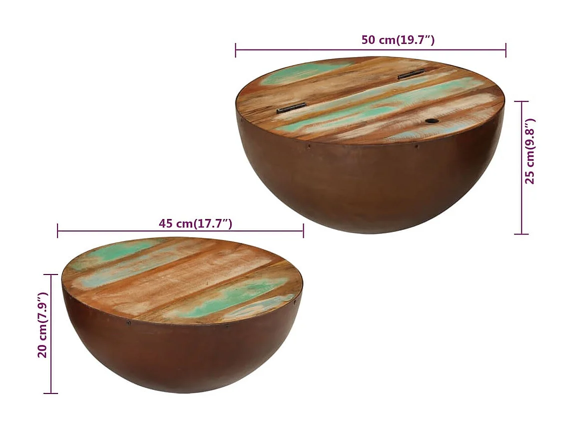 Mesas de centro formato taça 2pcs Ø50x24,5cm madeira recuperada