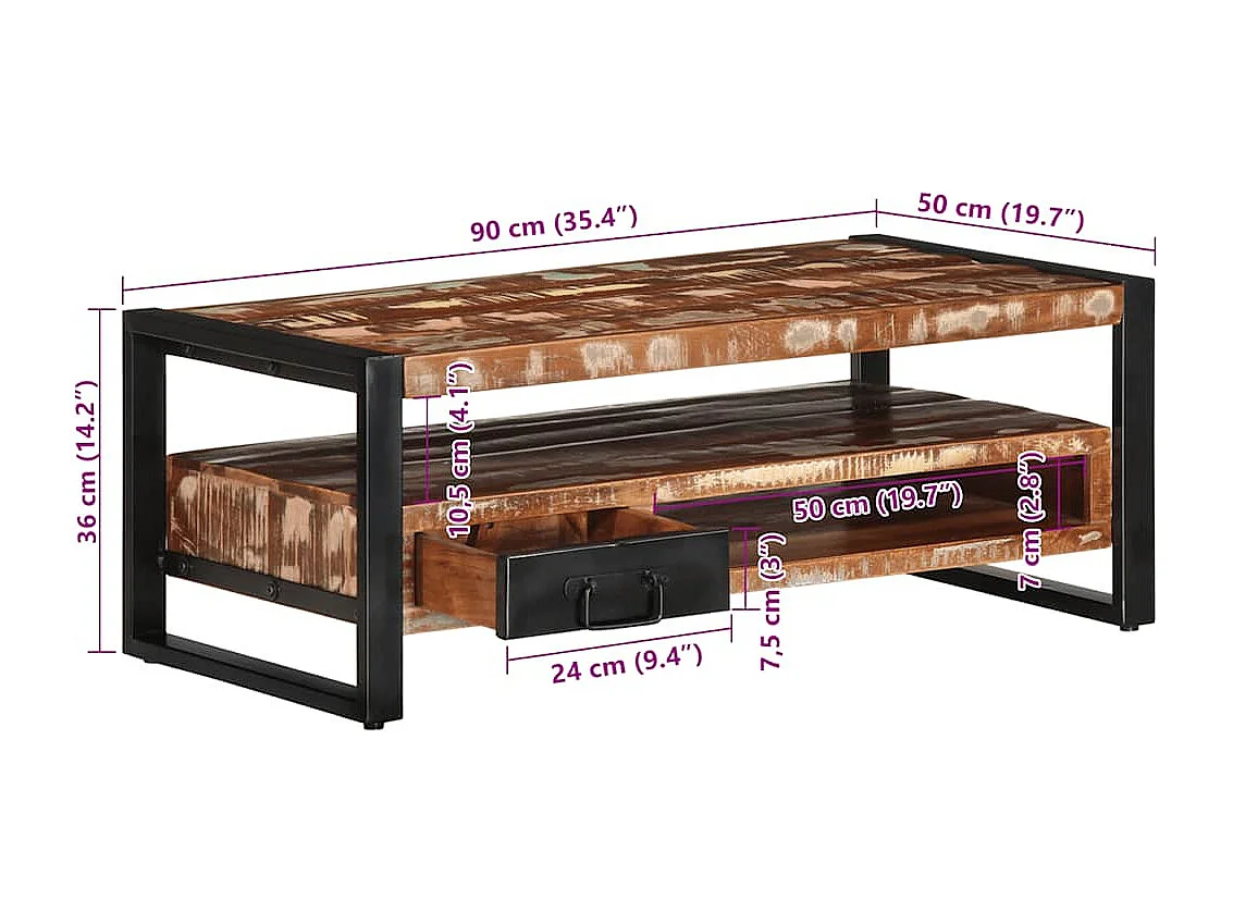 Couchtisch Mehrfarbig 90x50x36 cm Altholz Massiv
