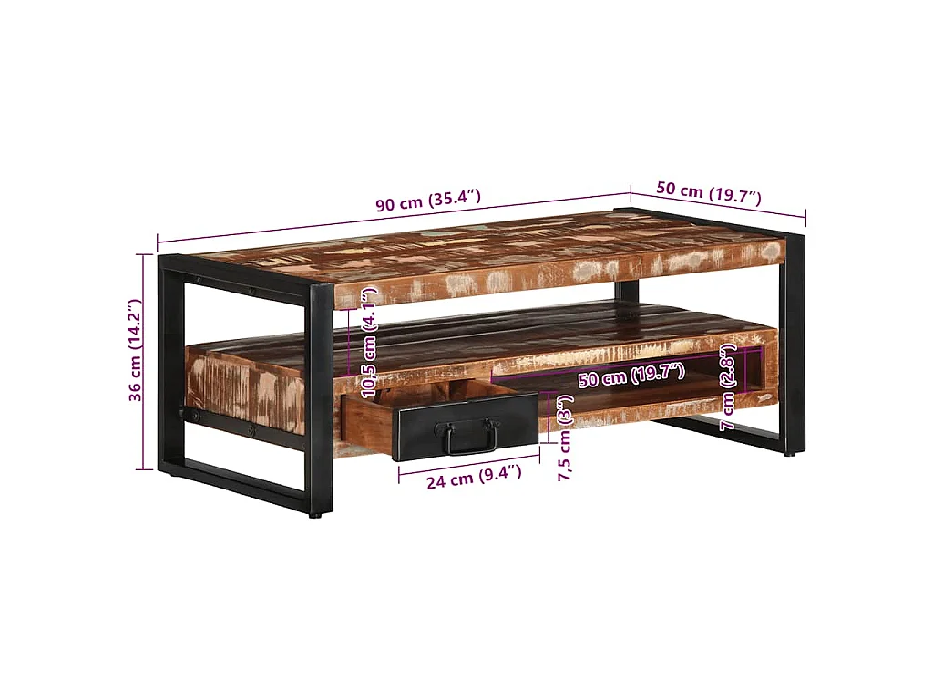 Tavolino Salotto Multicolore 90x50x36cm Legno Massello Recupero