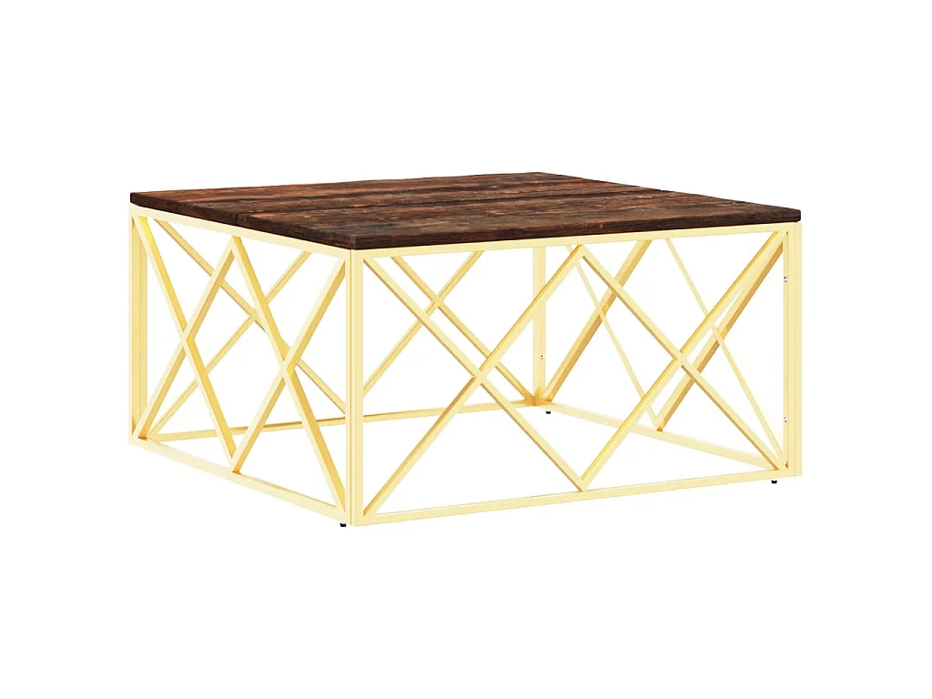 Mesa de centro acero inoxidable madera maciza reciclada dorada