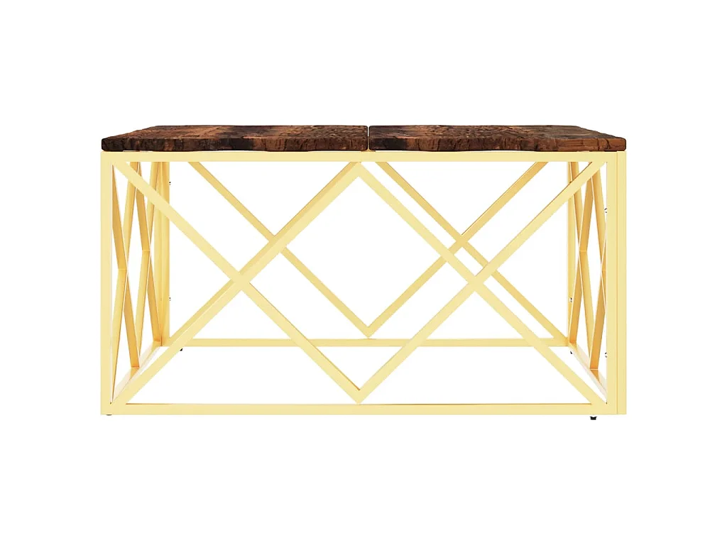 Mesa de centro acero inoxidable madera maciza reciclada dorada