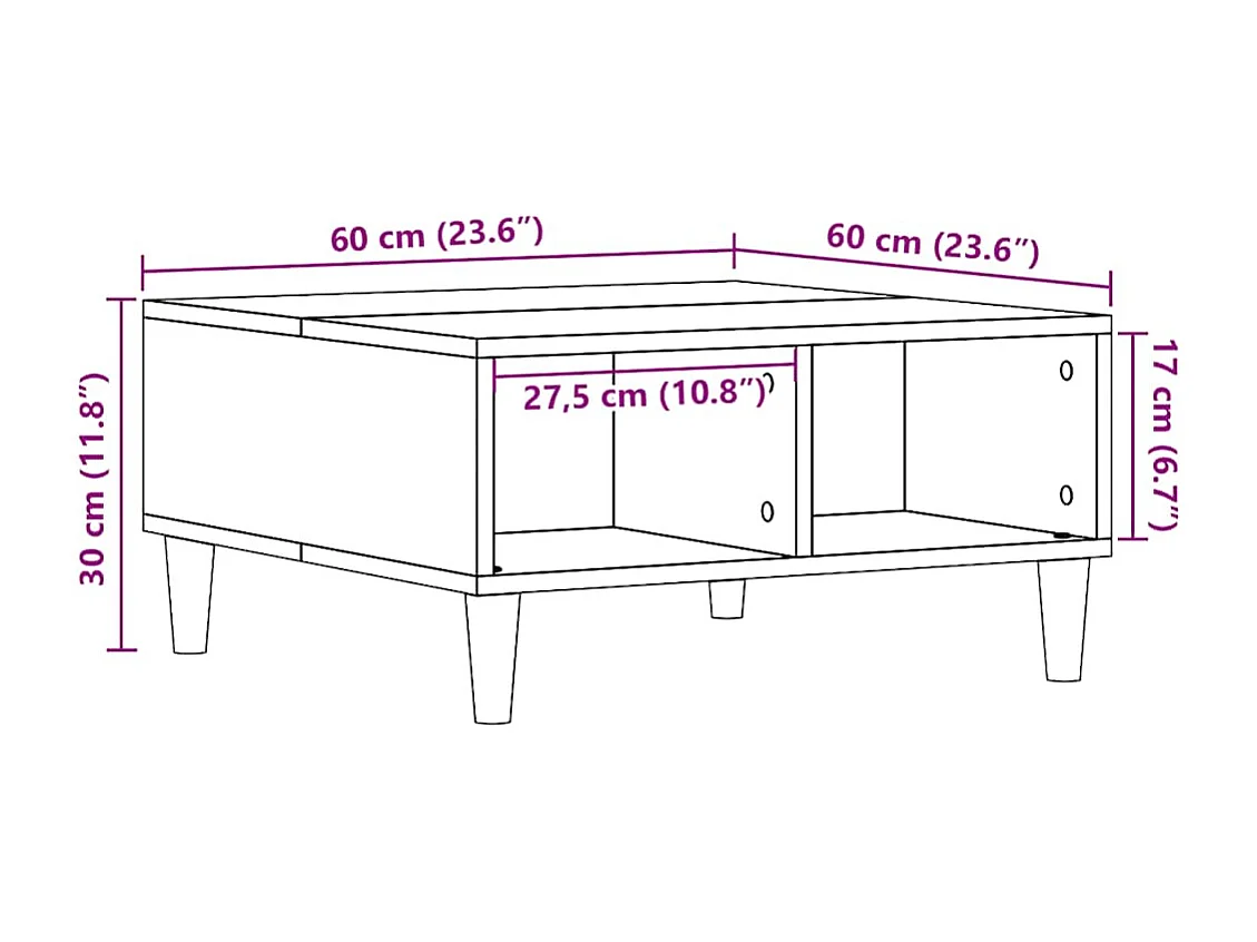 Table basse chêne artisanal 60x60x30 cm bois d'ingénierie