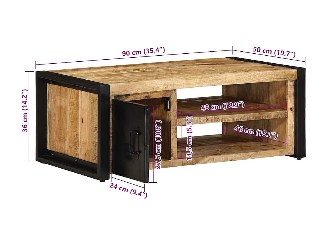 Table basse 90x50x36 cm bois de manguier massif brut