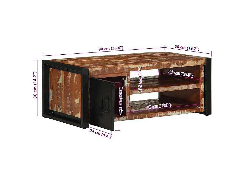 Mesa de centro multicor 90x50x36 cm madeira maciça recuperada