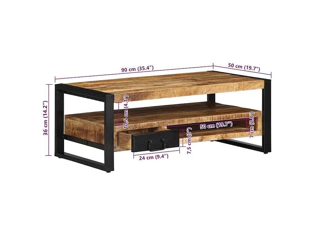 Table basse 90x50x36 cm bois de manguier massif brut