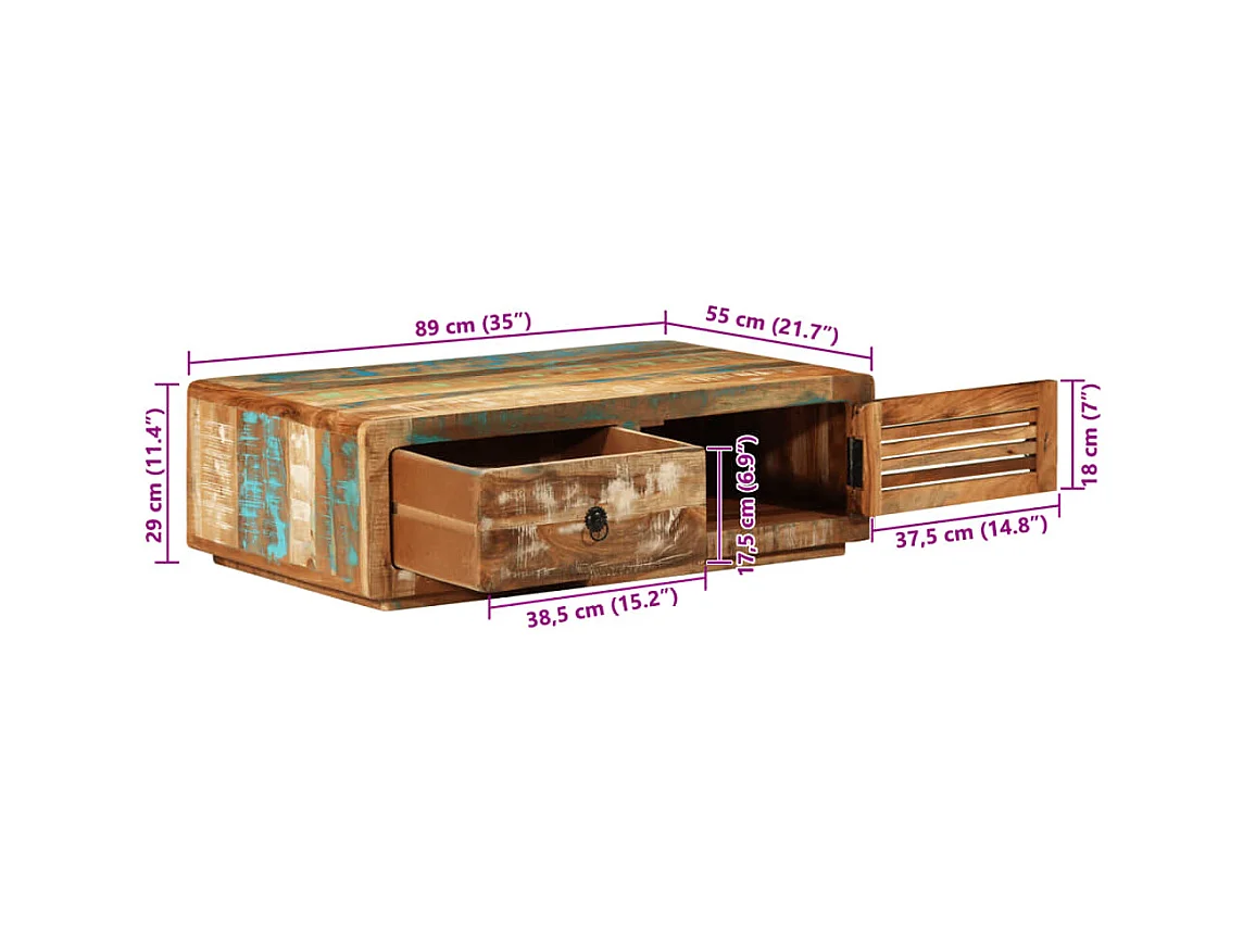 Mesa de centro de madera maciza reciclada 89x55x29 cm