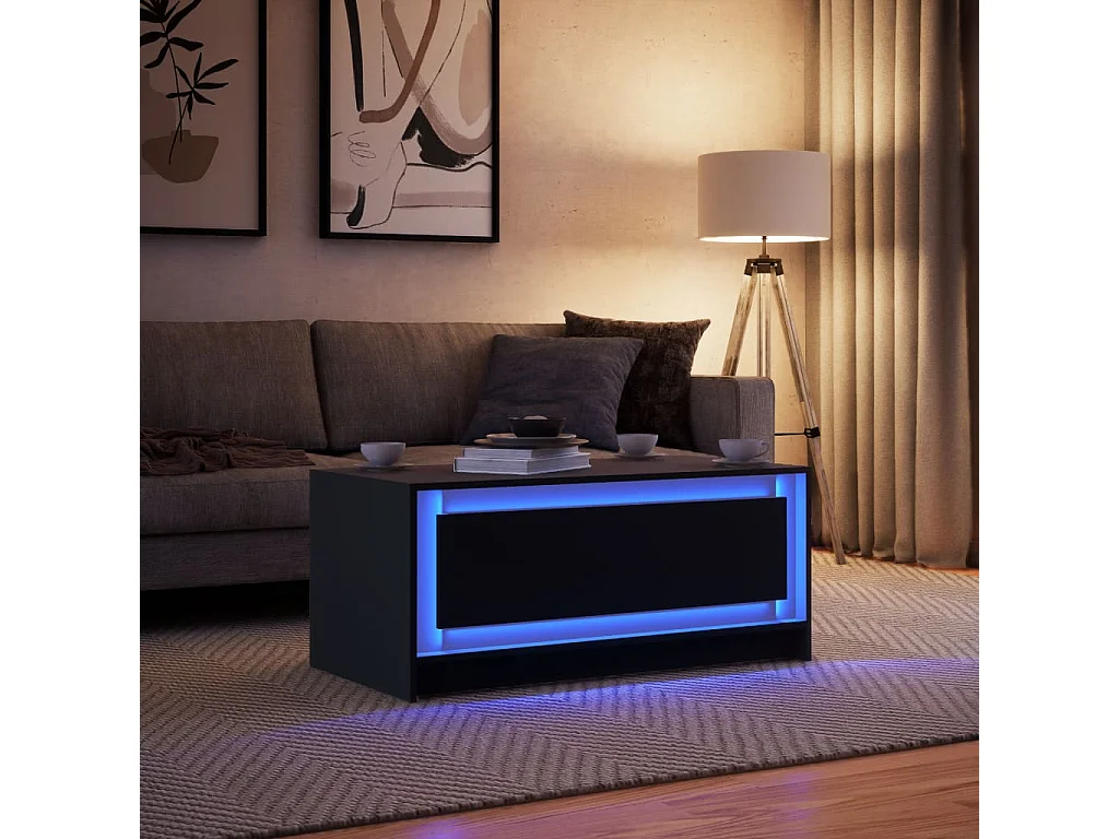Table basse avec lumières LED noir bois d'ingénierie