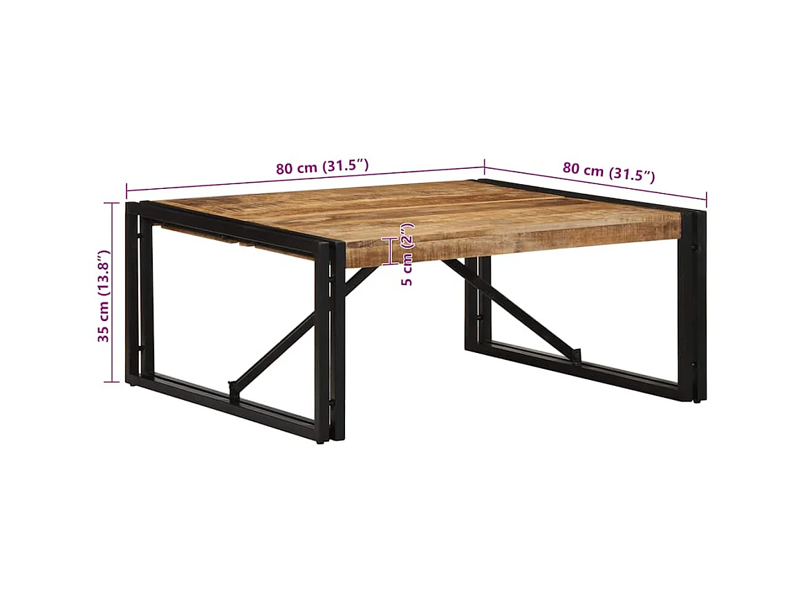 Table basse 80x80x35 cm bois de manguier massif brut
