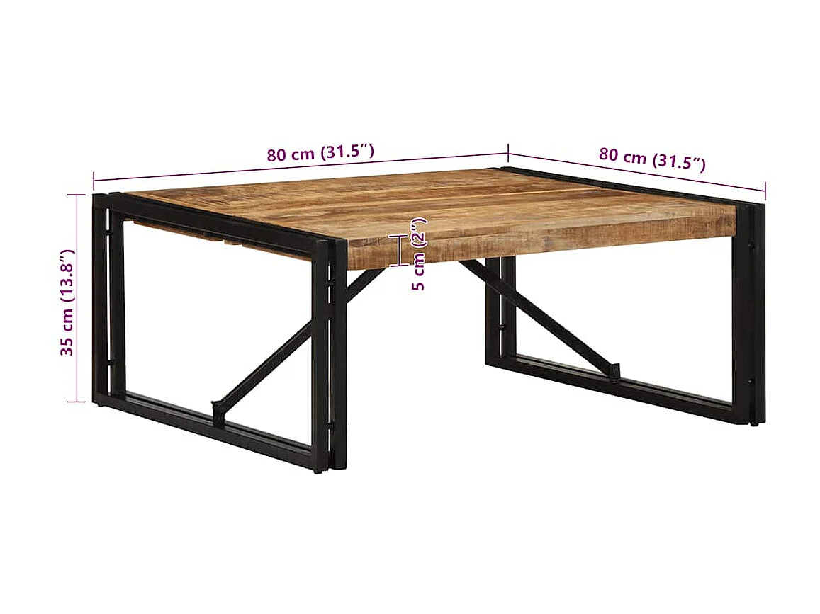 Table basse 80x80x35 cm bois de manguier massif brut