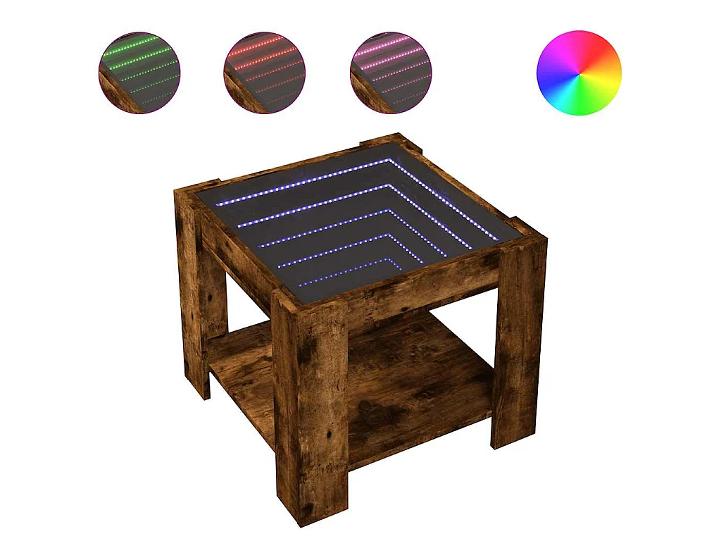 Salontafel met LED 53x53x45 cm bewerkt hout gerookt eikenkleur