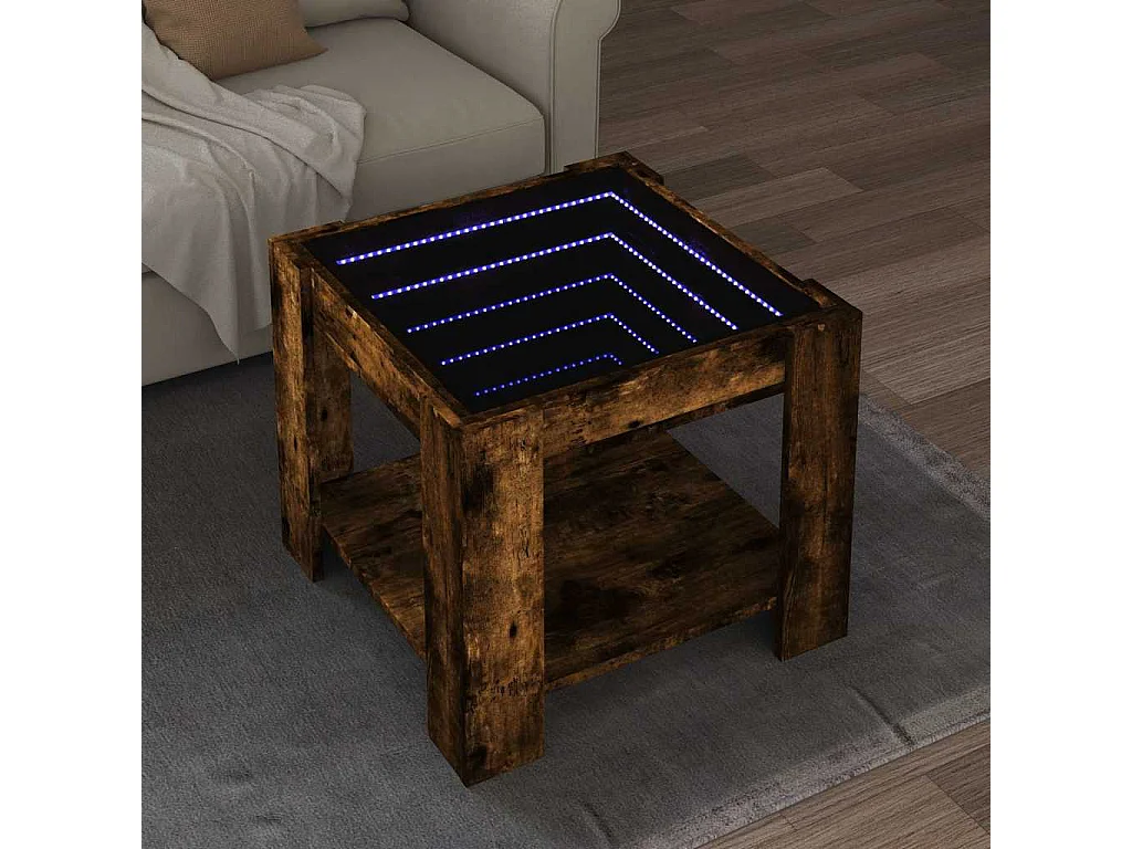 Salontafel met LED 53x53x45 cm bewerkt hout gerookt eikenkleur