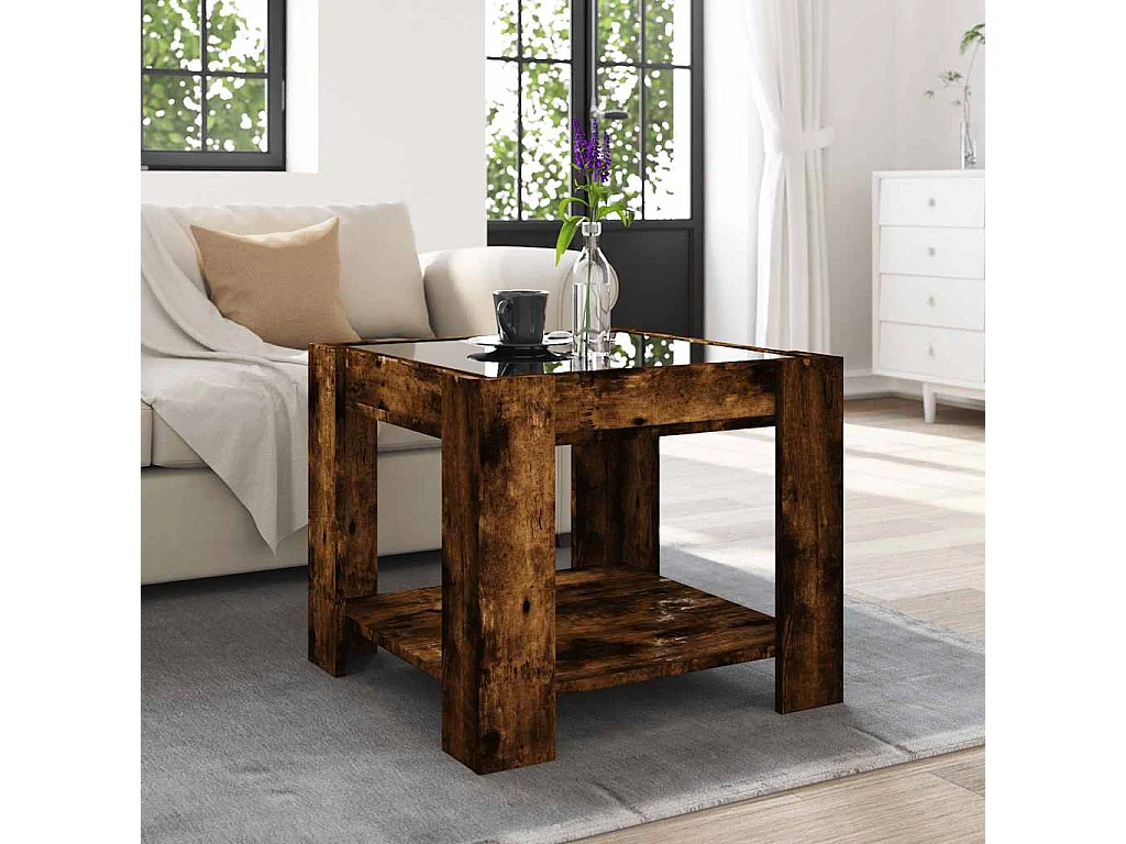 Salontafel met LED 53x53x45 cm bewerkt hout gerookt eikenkleur