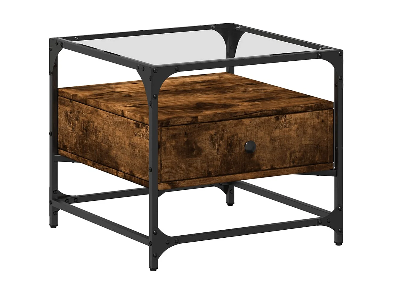 Table basse avec dessus en verre chêne fumé 50x50x45 cm acier