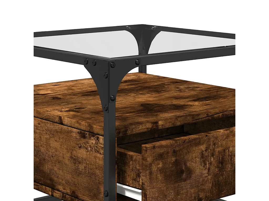 Table basse avec dessus en verre chêne fumé 50x50x45 cm acier