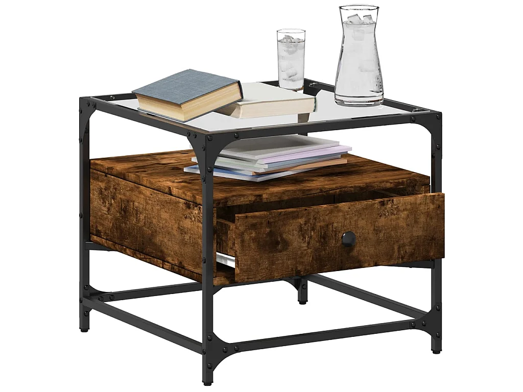 Table basse avec dessus en verre chêne fumé 50x50x45 cm acier