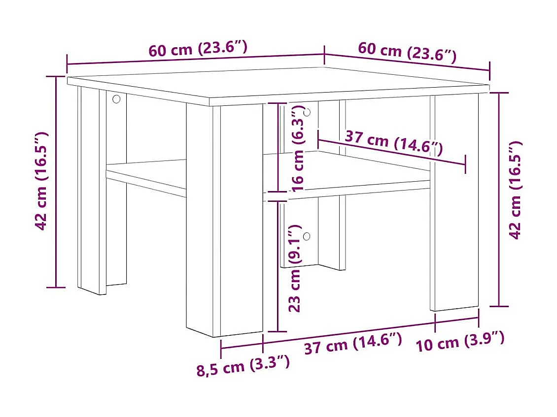 Table basse chêne artisanal 60x60x42cm bois d'ingénierie