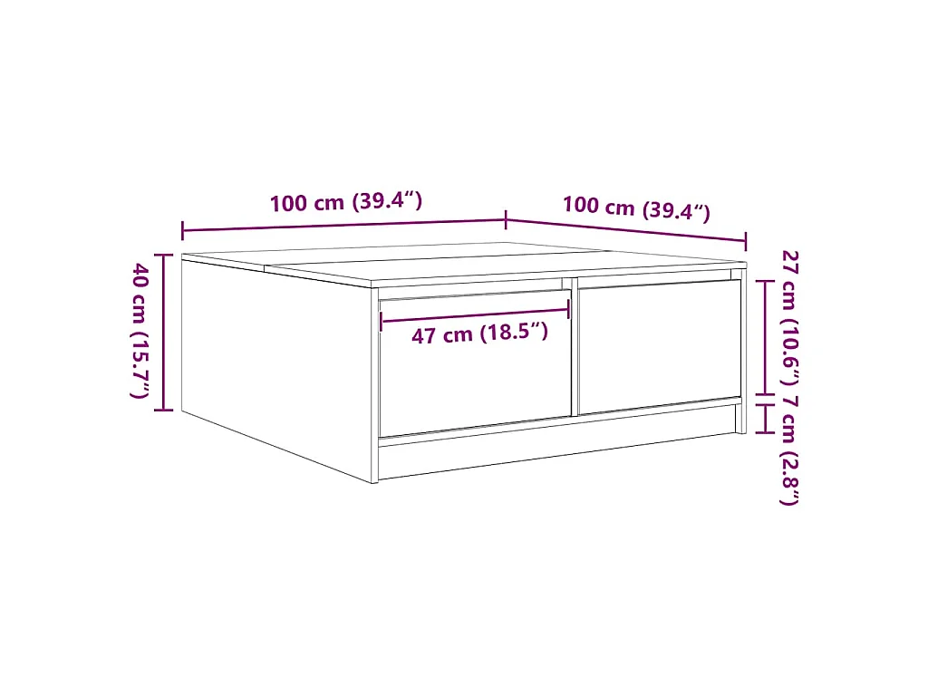 Mesa de centro con cajones roble artesanal 100x100x40 cm