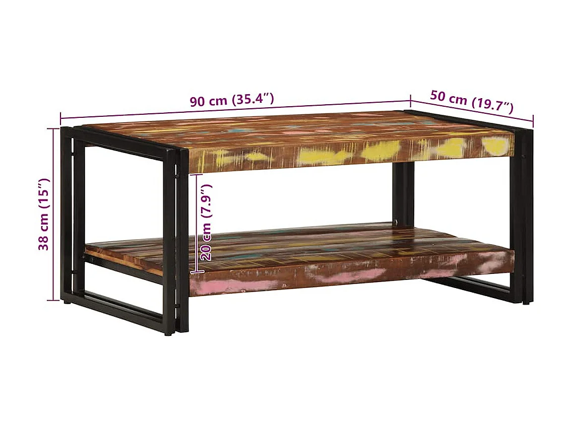 Table basse multicolore 90x50x38 cm bois de récupération massif