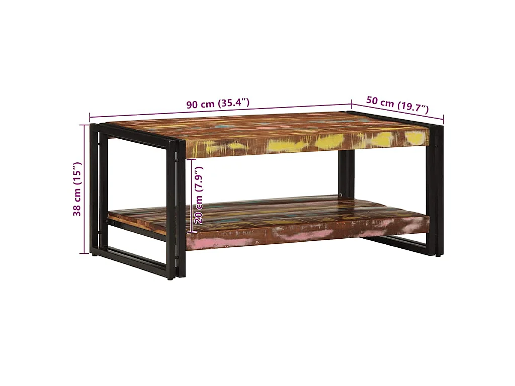 Table basse multicolore 90x50x38 cm bois de récupération massif