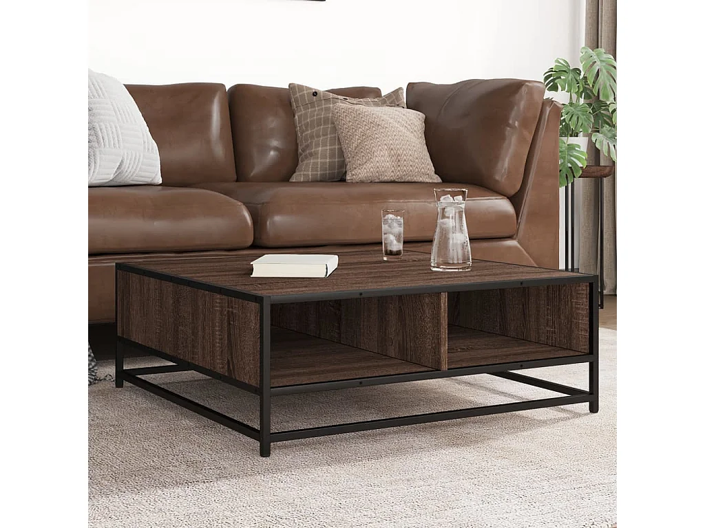 Table basse chêne marron 80x80x30 cm bois d'ingénierie et métal