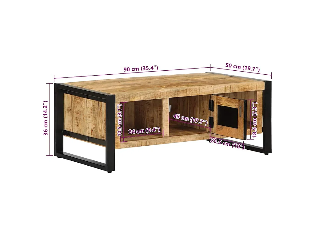 Table basse 90x50x36 cm bois de manguier massif brut