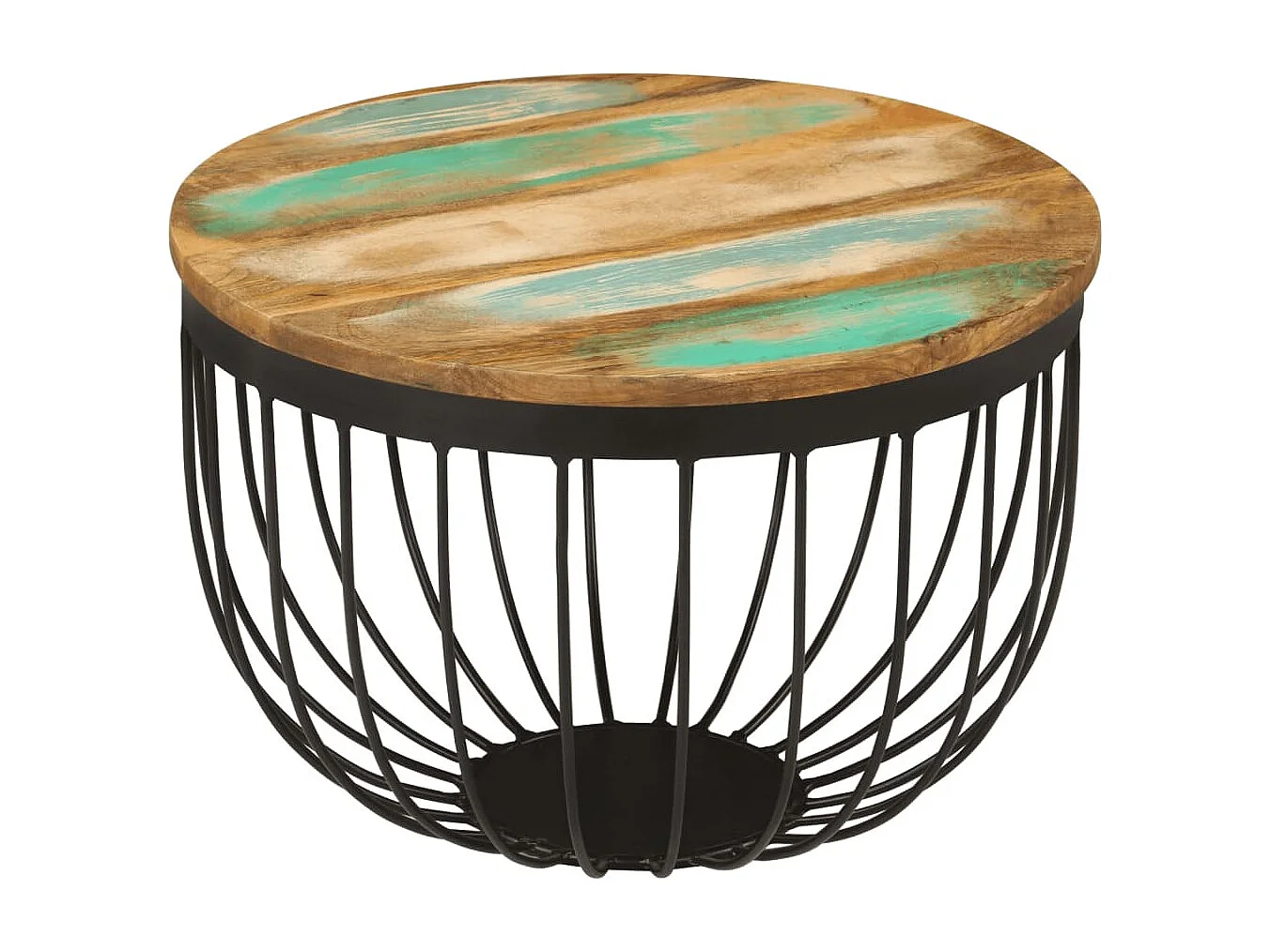 Tavolino Ø50x35 cm in Legno Massello di Recupero e Acciaio