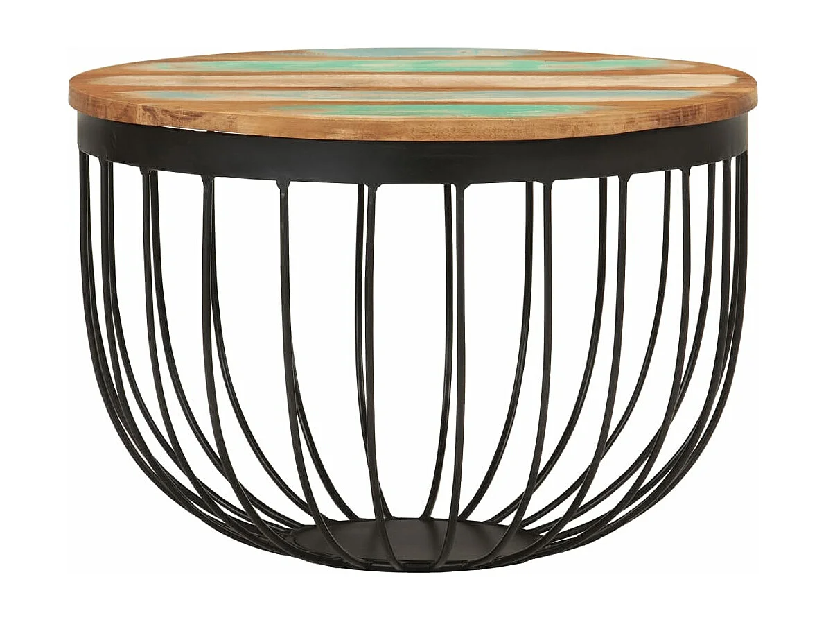 Tavolino Ø50x35 cm in Legno Massello di Recupero e Acciaio